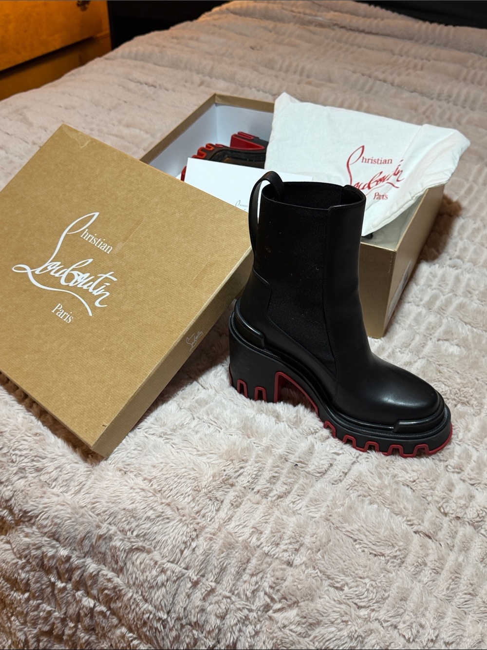 Christian Louboutin Black Leather Platform Chelsea Boot with Red Sole Accent